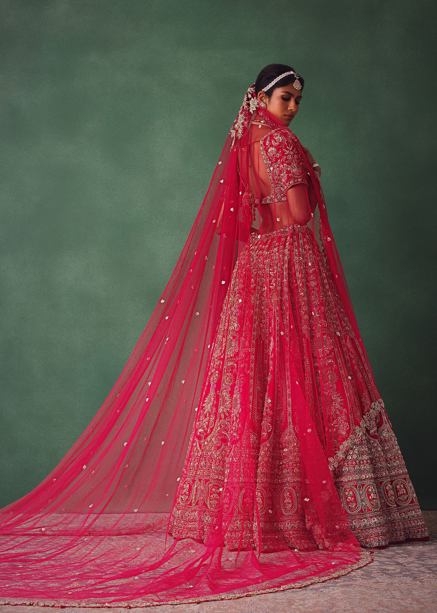 Raw Silk Red Bridal Lehenga With Scallop Dupatta