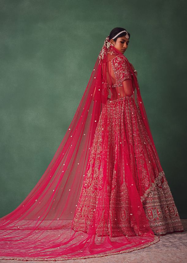 Raw Silk Red Bridal Lehenga With Scallop Dupatta