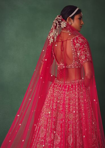 Raw Silk Red Bridal Lehenga With Scallop Dupatta