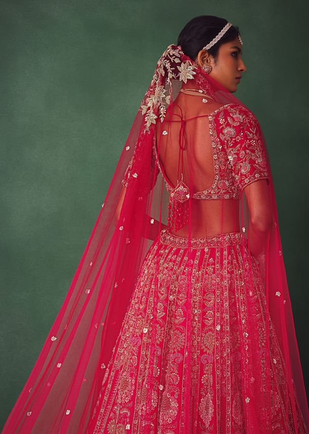 Raw Silk Red Bridal Lehenga With Scallop Dupatta