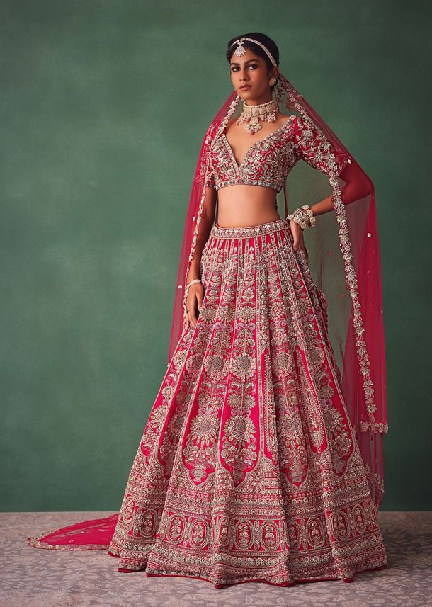 Raw Silk Red Bridal Lehenga With Scallop Dupatta