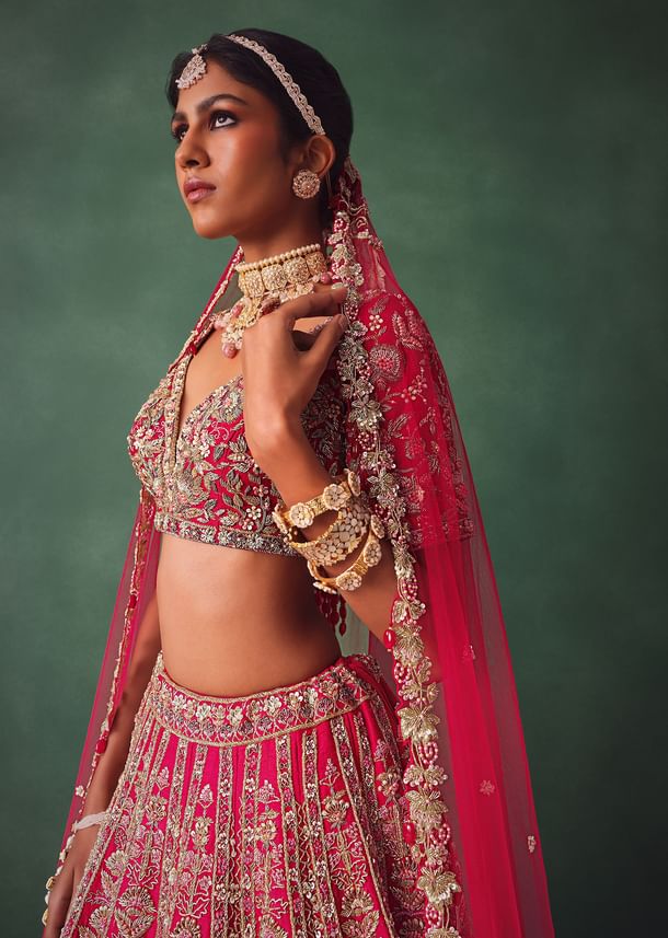 Raw Silk Red Bridal Lehenga With Scallop Dupatta