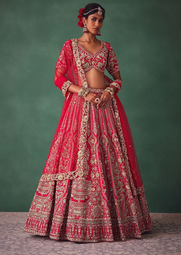 Red Bridal Lehenga With Zardosi And Cutdana Work