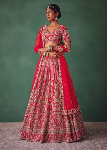 Red Bridal Lehenga With Zardosi And Cutdana Work