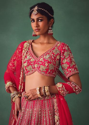 Red Bridal Lehenga With Zardosi And Cutdana Work