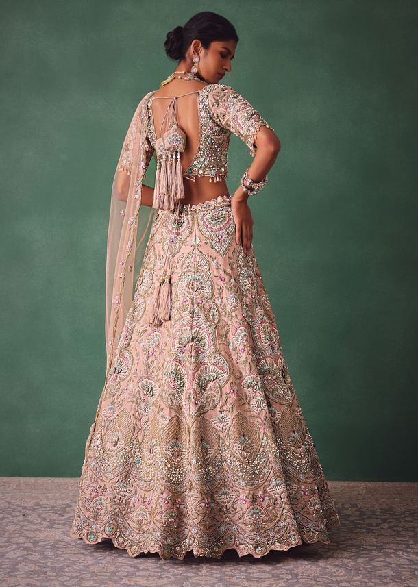 Baby Pink Jaal Work Lehenga With Sweetheart Neck Blouse And Embroidered Dupatta