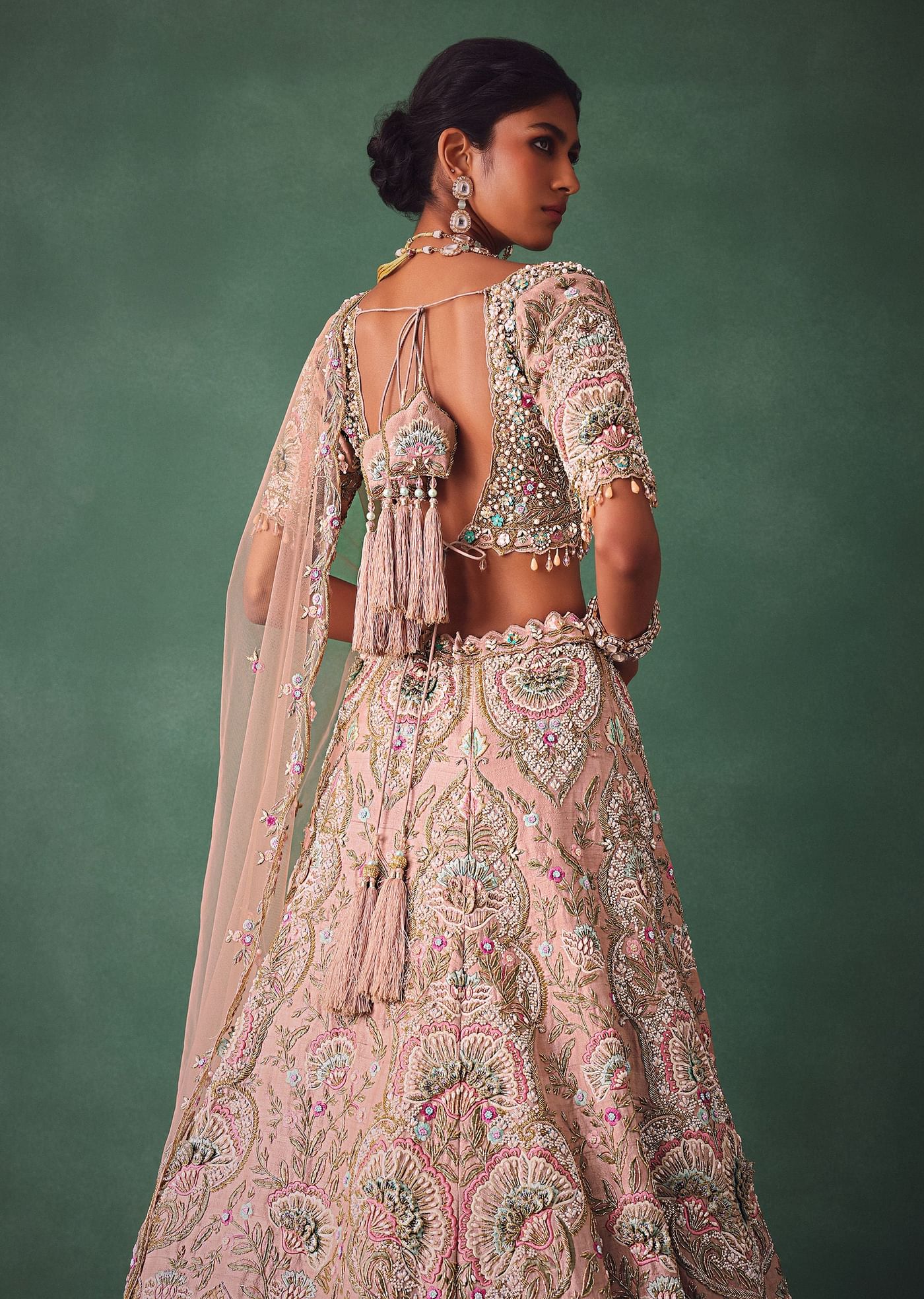 Baby Pink Jaal Work Lehenga With Sweetheart Neck Blouse And Embroidered Dupatta
