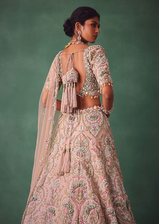 Baby Pink Jaal Work Lehenga With Sweetheart Neck Blouse And Embroidered Dupatta