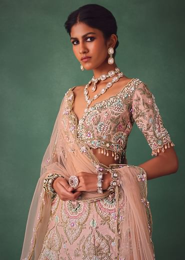 Baby Pink Jaal Work Lehenga With Sweetheart Neck Blouse And Embroidered Dupatta