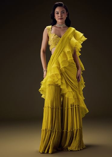 Mustard Embossed Embroidery Sweetheart Neckline Blouse With Tiered Sharara With Drape