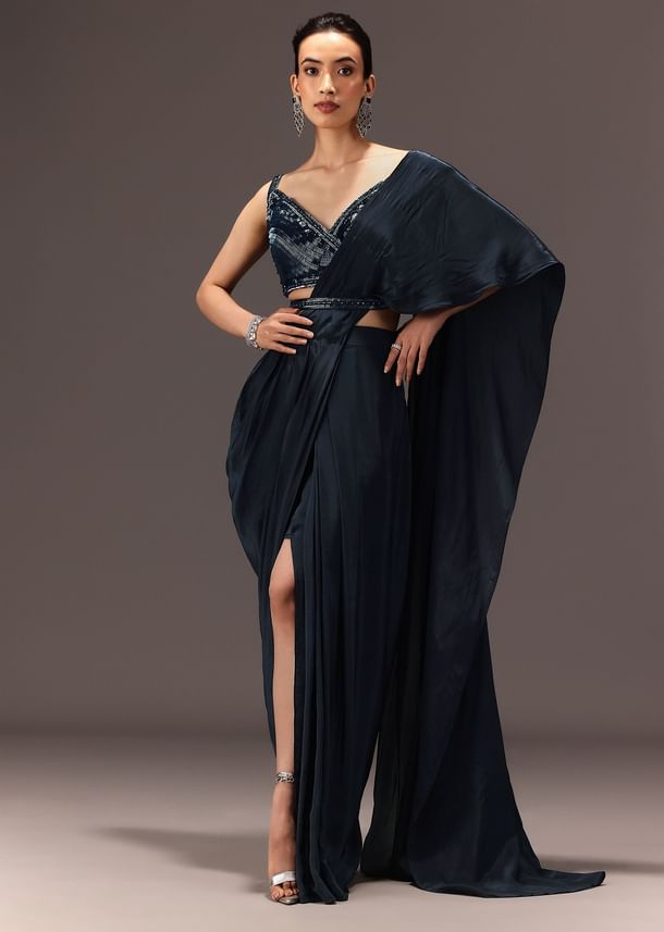Navy Blue Pre Draped Saree With Sequin Blouse And Belt Navy Blue Pre Draped Saree With Sequin Blouse And Belt