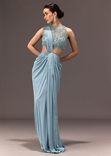 Sky Blue Semi Stitched Saree With Embroidered Blouse