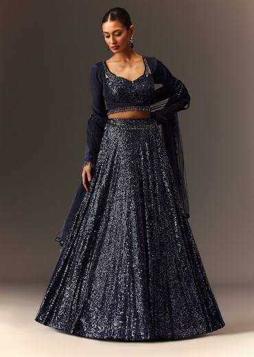 Navy Blue Tie Up Blouse And Embroidered Lehenga With Detailed Border Dupatta