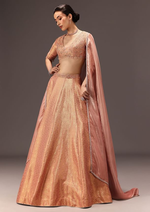 Dusty Peach Banarasi Silk Hand Work Lehenga Set Dusty Peach Banarasi Silk Hand Work Lehenga Set
