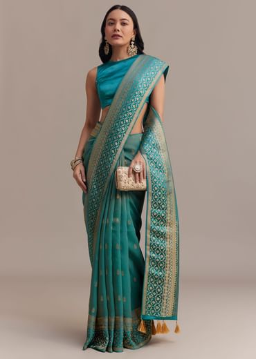 Blue Tissue Silk Saree With Chanderi Zari Weaving