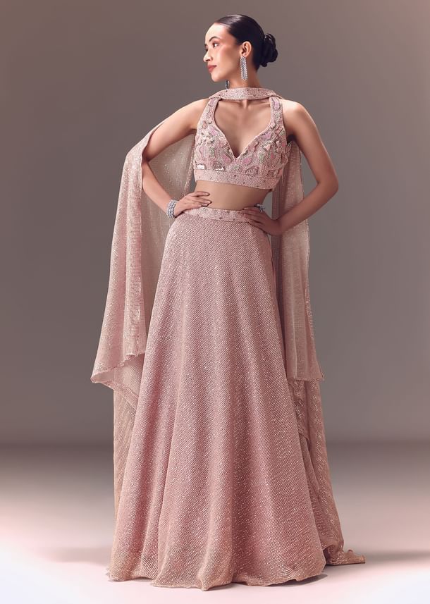 Onion Pink Sequin Embellished Lehenga Set With Choker Dupatta