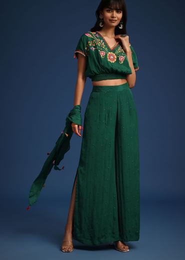 Dark Green Chiffon Crop Top With Slit Palazzo And Scarf