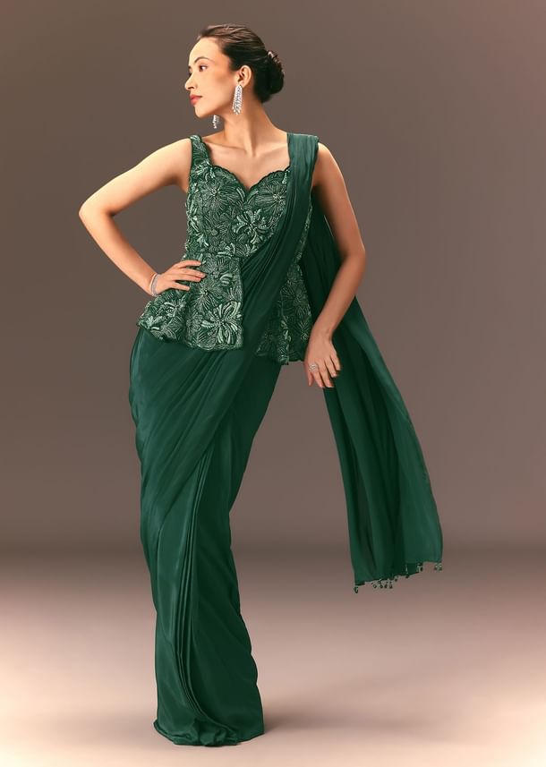 Bottle Green Raw Silk Pre Stitched Saree With Peplum Blouse