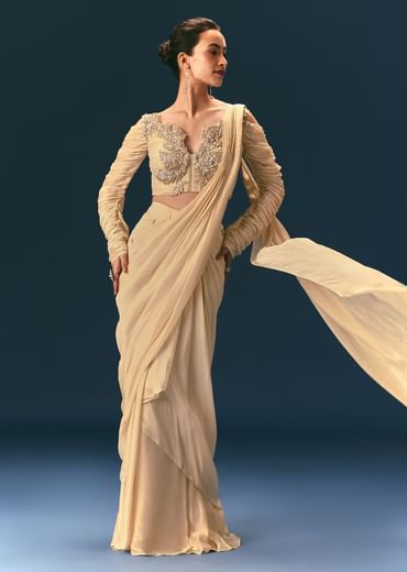 Champagne Peach Embroidered Draped Saree With 3D Applique Blouse