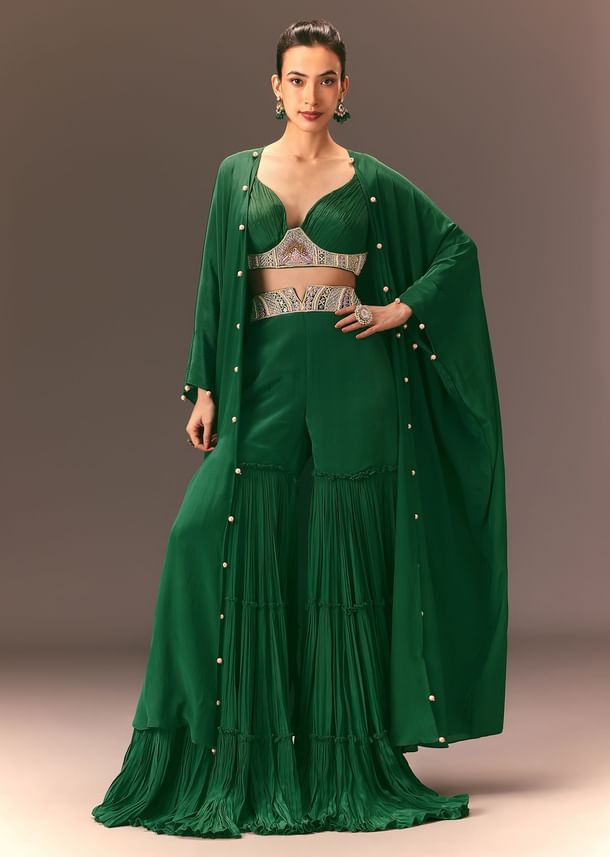 Green Ruched Blouse With Frill Palazzo And Cape Green Ruched Blouse With Frill Palazzo And Cape