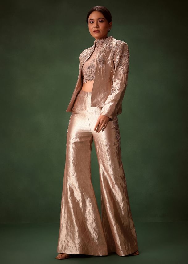 Rust Stretch Net Bell Bottom Set With Embroidered Blazer And Polo Neck Top