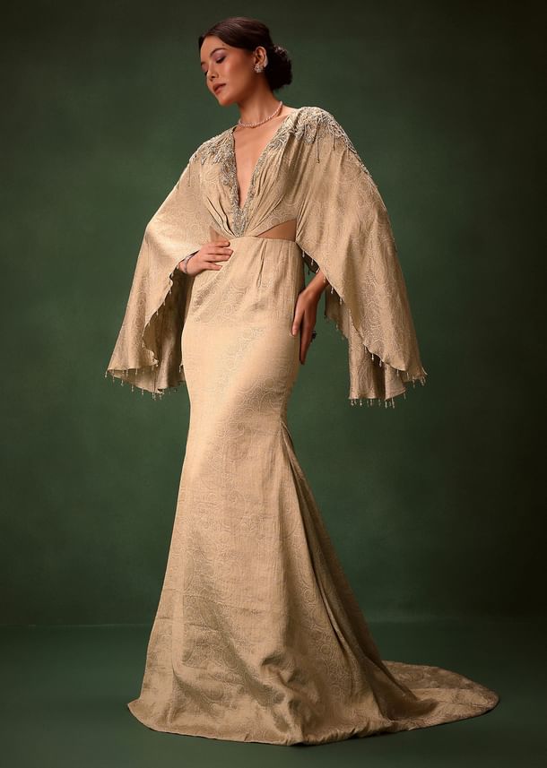 Golden Chiffon Silk Jacquard Kaftan