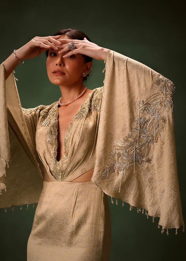 Golden Chiffon Silk Jacquard Kaftan