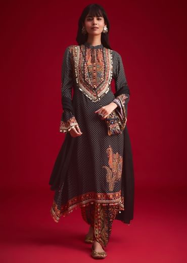 Black Polka Dot Printed Kurta Patiala Set With Pouch Bag
