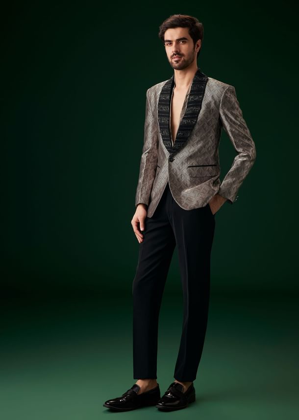 Black Banarasi Silk Tuxedo With Cut Dana And Crystal Embroidery