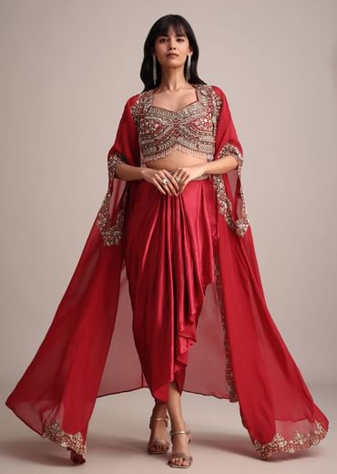 Maroon Embroidered Croptop And Pleated Skirt With Organza Jacket