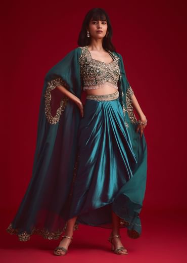 Teal Embroidered Crop Top And Draped Skirt With Jacket