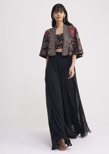 Black Georgette Croptop Palazzo With Sequin Work Cape
