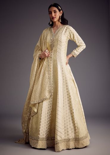 Ivory Zari Embroidered Anarkali With Dupatta