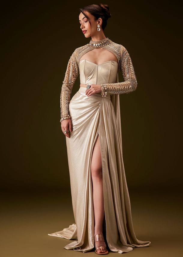 Peach Hand Embroidered Skirt Set With Cape