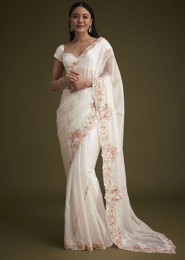 White Glass Tissue Saree With Floral Embroidery