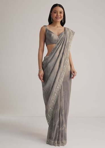 Grey Tissue Embroidered Saree