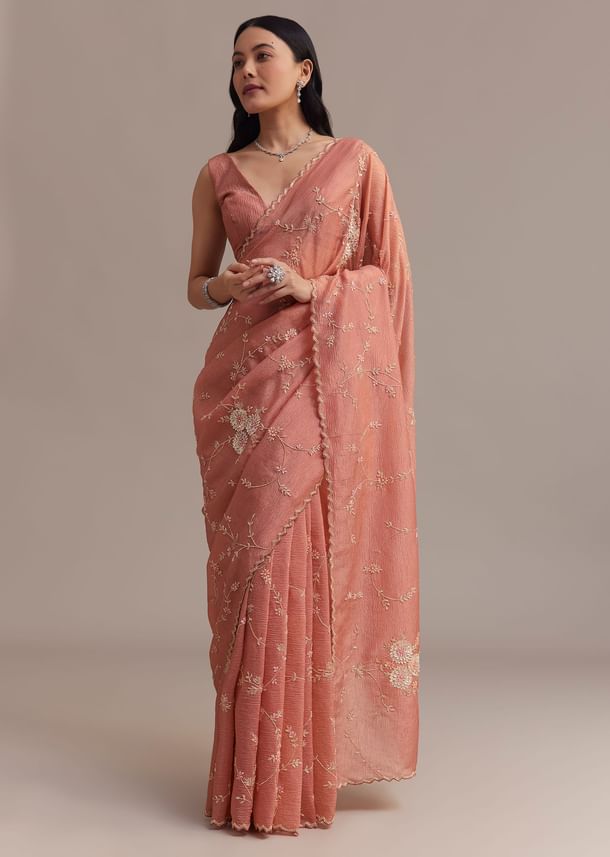 Peach Crushed Tissue Saree With Cutdana And Sequins Jaal Work