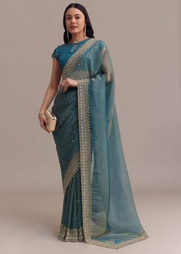Blue Crushed Tissue Saree With Scallop Embellished Border