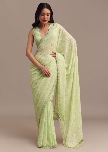 Light Green Chikankari Georgette Saree With Stone Embellishments