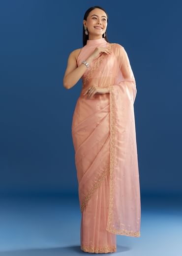 Peach Organza Tissue Saree With Scallop Edge