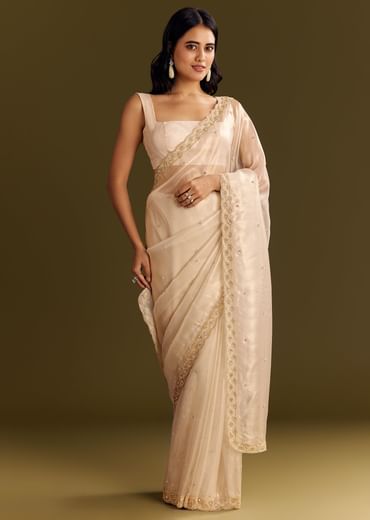 Beige Glass Tissue Saree With Cutdana And Beads Scallop Border