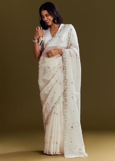 White Crush Tissue Saree With Cutdana And Beads Scallop Border