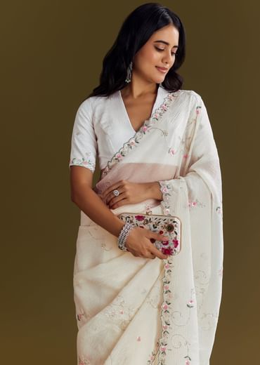 White Crush Tissue Saree With Cutdana And Beads Scallop Border