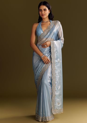 Pastel Blue Tissue Saree With Cutdana And Beads Scallop Border