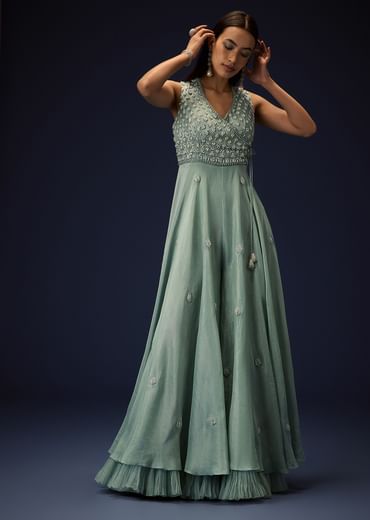 Azure Blue Hand Embroided Double Layer Organza Frill Jumpsuit