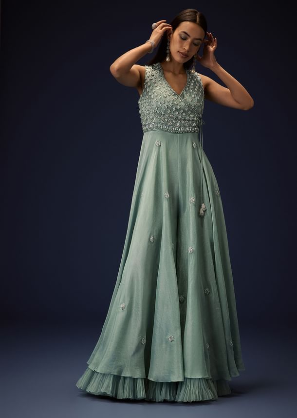 Azure Blue Hand Embroided Double Layer Organza Frill Jumpsuit Azure Blue Hand Embroided Double Layer Organza Frill Jumpsuit