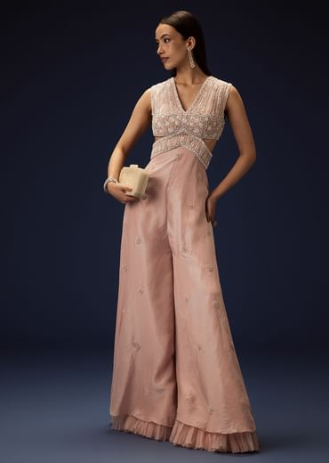 Flaming Peach Hand Embroidered Double Layer Jumpsuit