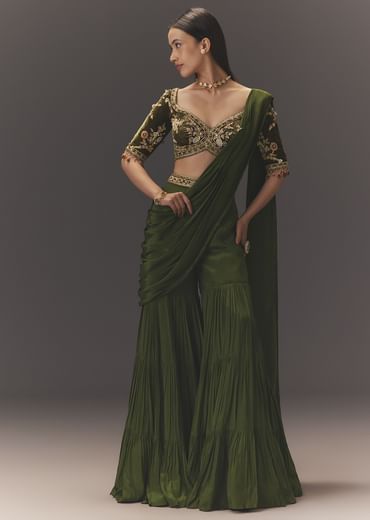 Seaweed Green Hand Embroidered Drape Pallu Style Sharara Set