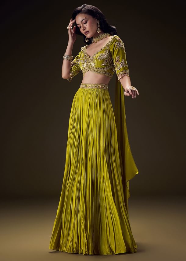 Sunshine Green Pleated Skirt With Hand Embroidered Belt And Choker Blouse