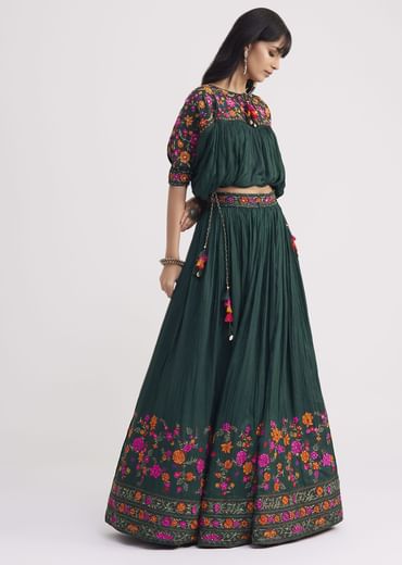 Bottle Green Chiffon Crop Top With Skirt With Colourful Resham Blooms
